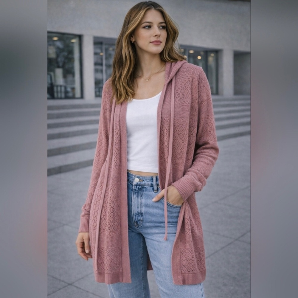 Pink Rose Dusty Rose Hooded Open-Front Knit Cardigan